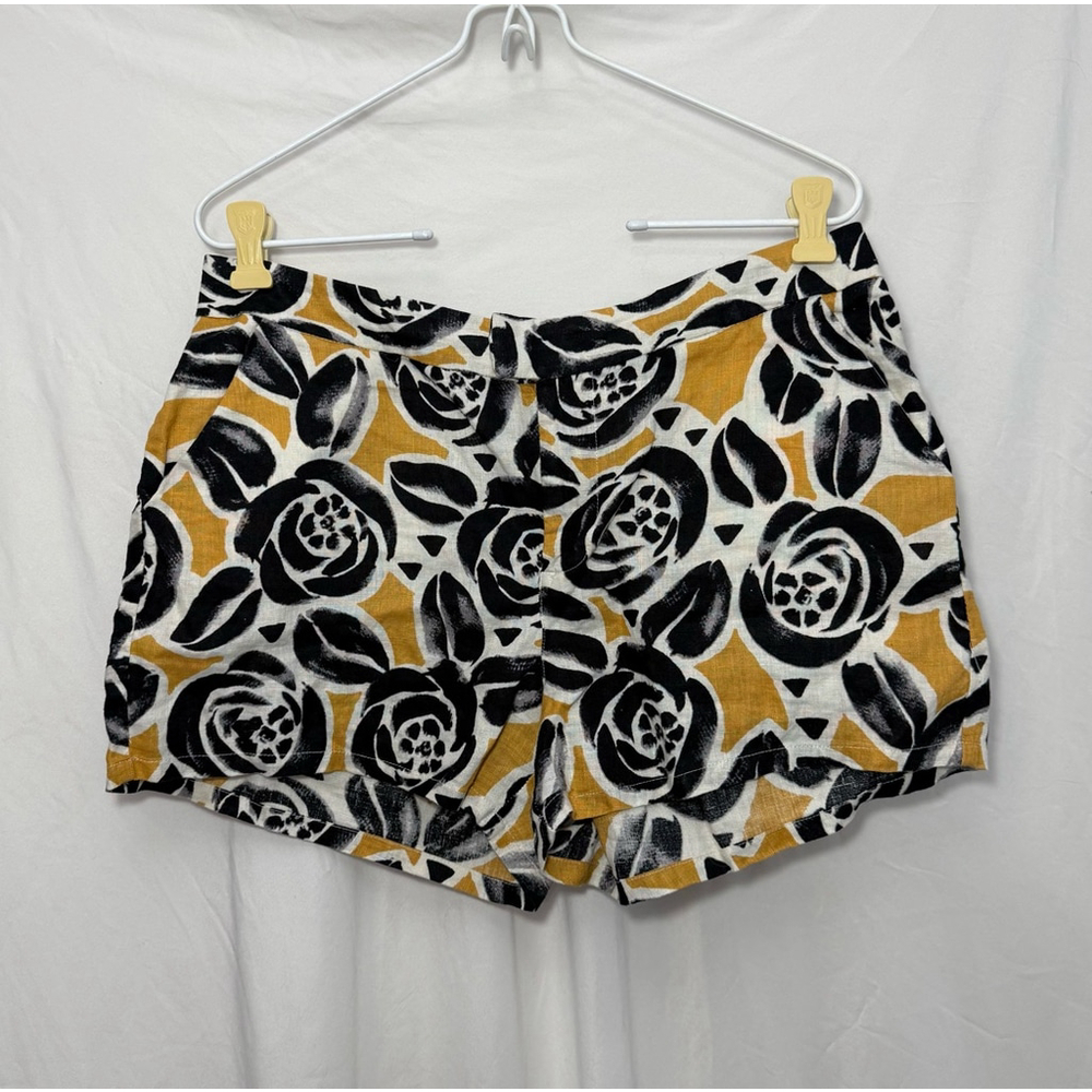 Women's Lucky Brand Shorts Size 6 Yellow Black Floral Print Linen Blend